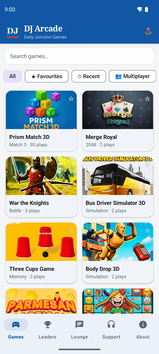 DJ Arcade games grid — hundreds of free games with categories