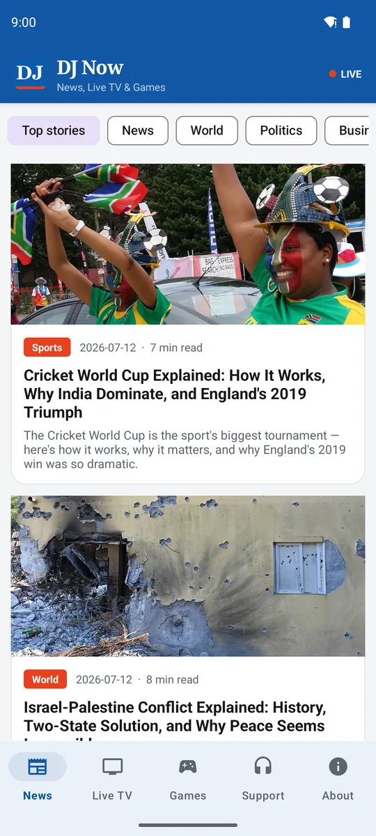 DJ Now news feed — the latest Daily Junction stories with category chips